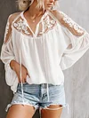 Stylish Gauze Crochet Split-Joint See-Through Long Sleeves Lapel Shirts Tops