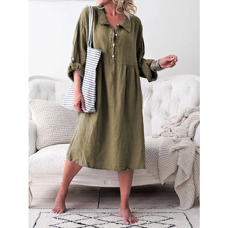 Older Women Cotton And Linen Loose Button Midi Dress