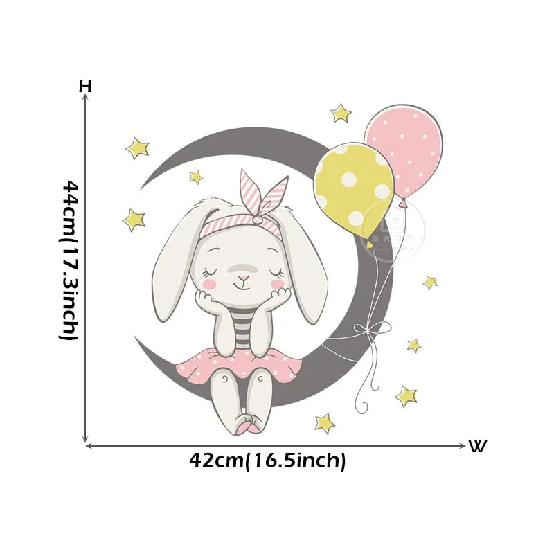 Cartoon Cute Bunny Sit On the Moon Wall Stickers with Rabbit Balloon Stars for Kids Room Baby Room Decoration Wall Decals PVC