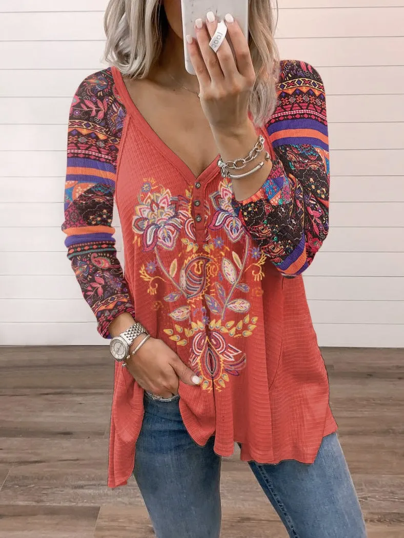 Brownm Collar Cotton Blend Pullover Print Long Sleeve Loose T-shirt Top