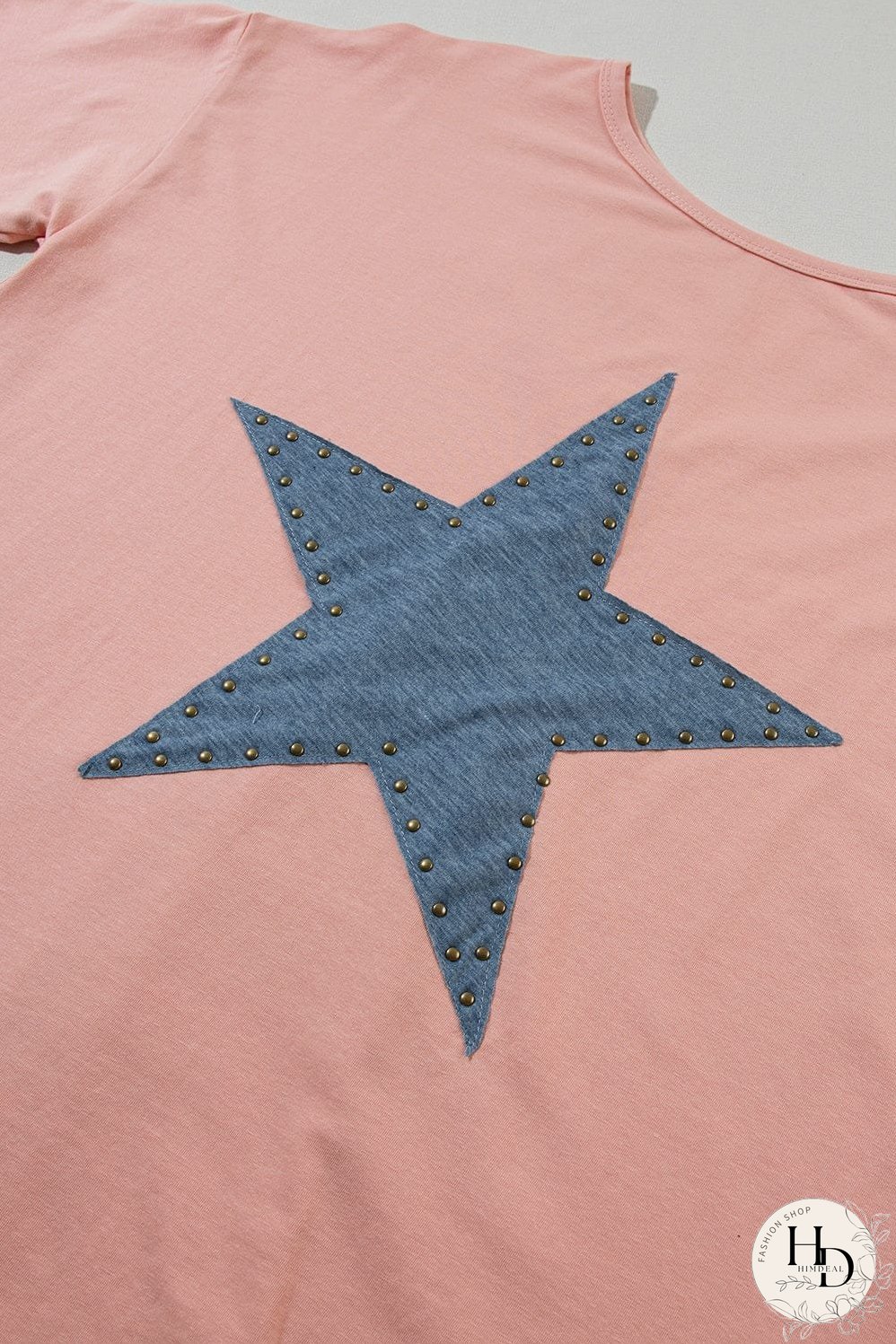 Apricot Pink Star Patch Graphic Tee with Studded Detail