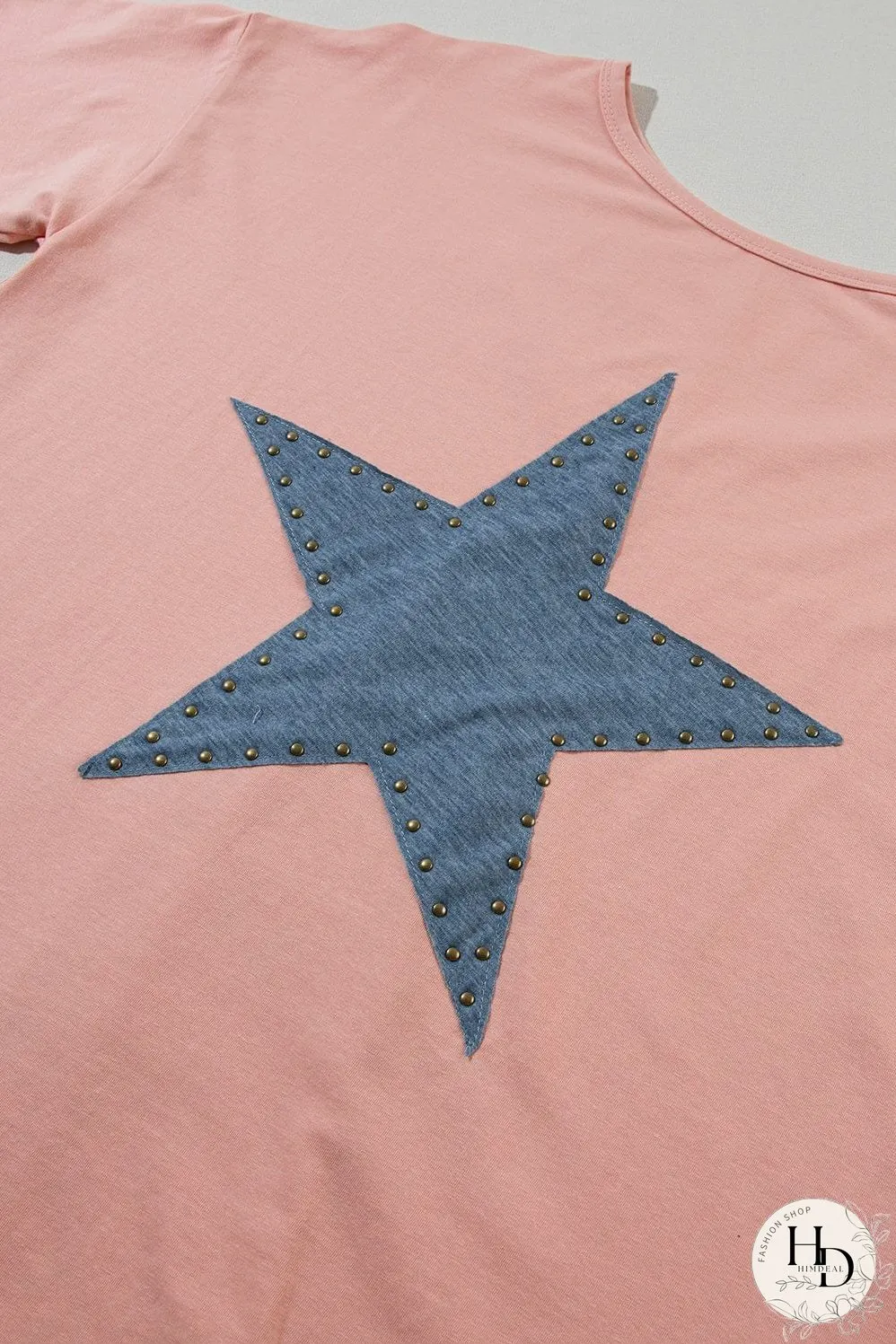 Apricot Pink Star Patch Graphic Tee with Studded Detail