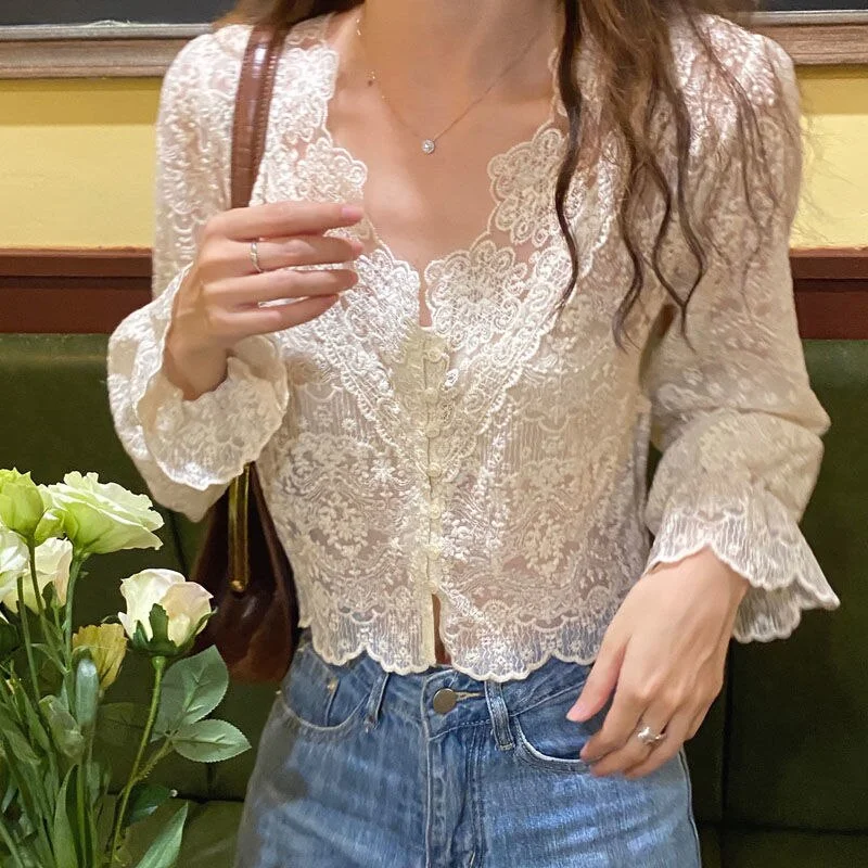 Women Shirts Spring Summer Female Tops Lace Single Breasted Cardigan Hollow Elegant Casual All Match Blouse