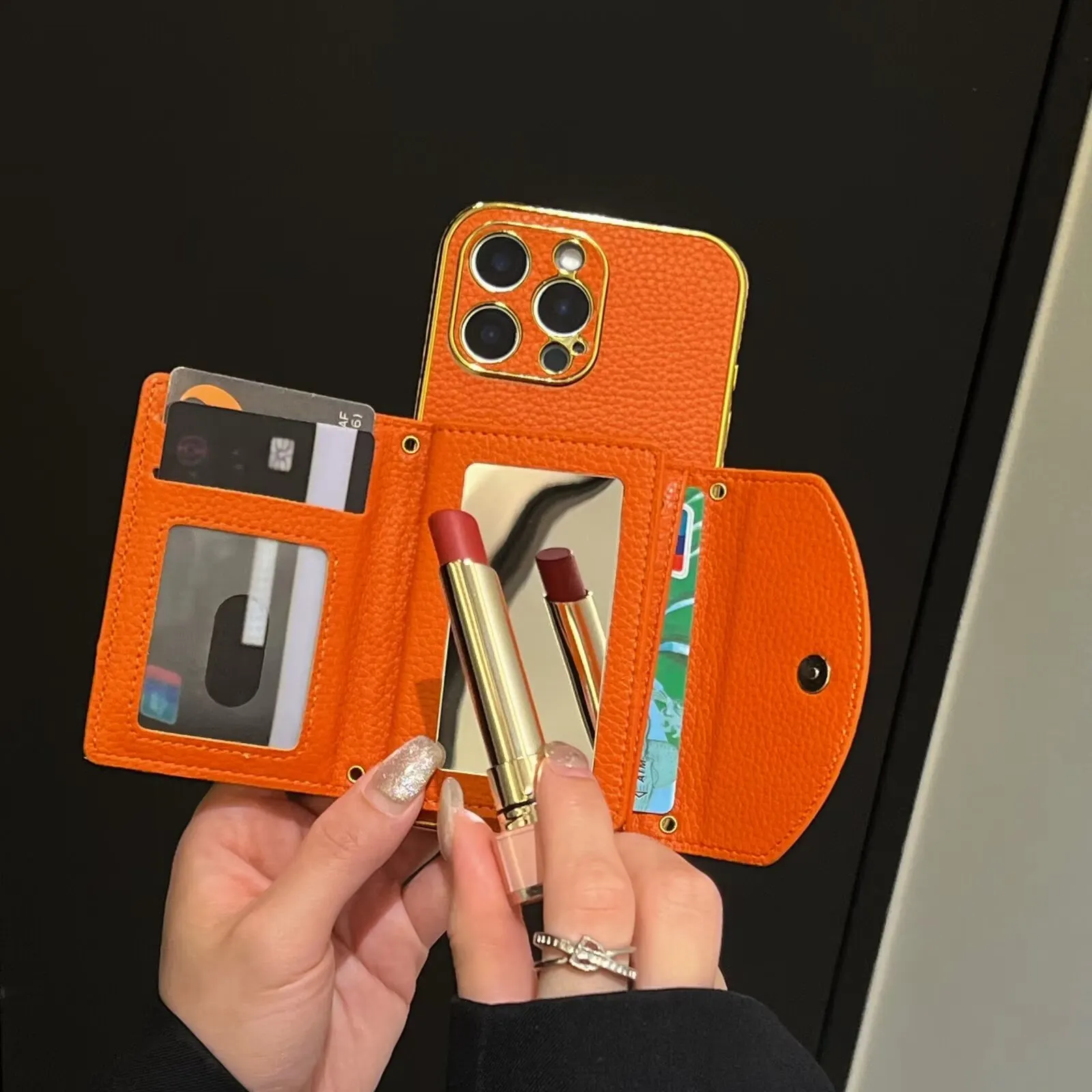Premium Herm&egrave;s Leather Card Holder H logo Built-in Makeup Mirror Apple iPhone Case