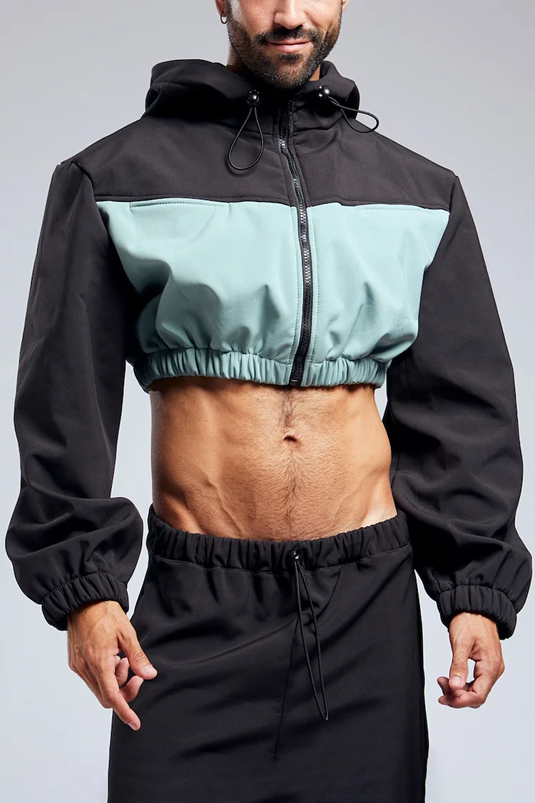 Ciciful Colorblock Black And Aqua Long Sleeve Cropped Oversized Hoodie