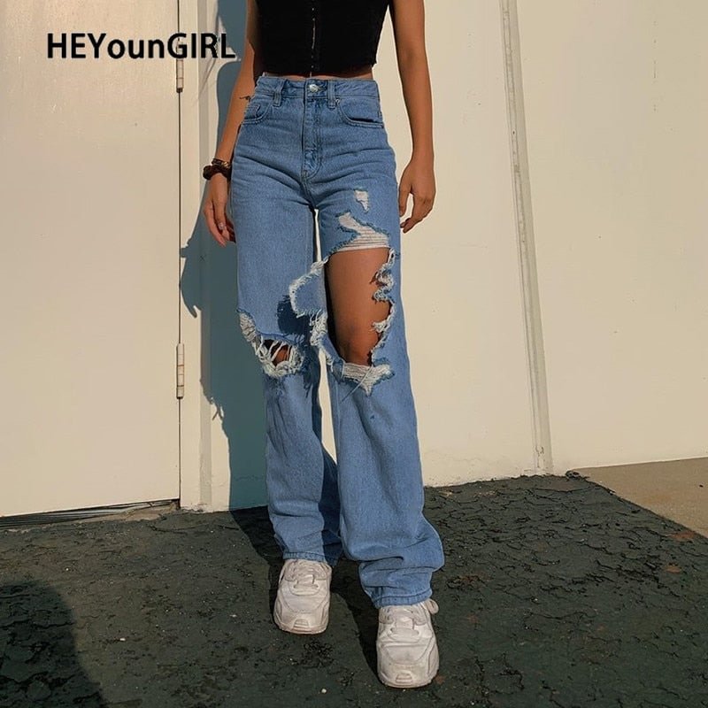 HEYounGIRL Hollow Out Distressed Ripped Jeans for Women Casual Vintage Skinny High Waisted Denim Pants Capris High Street