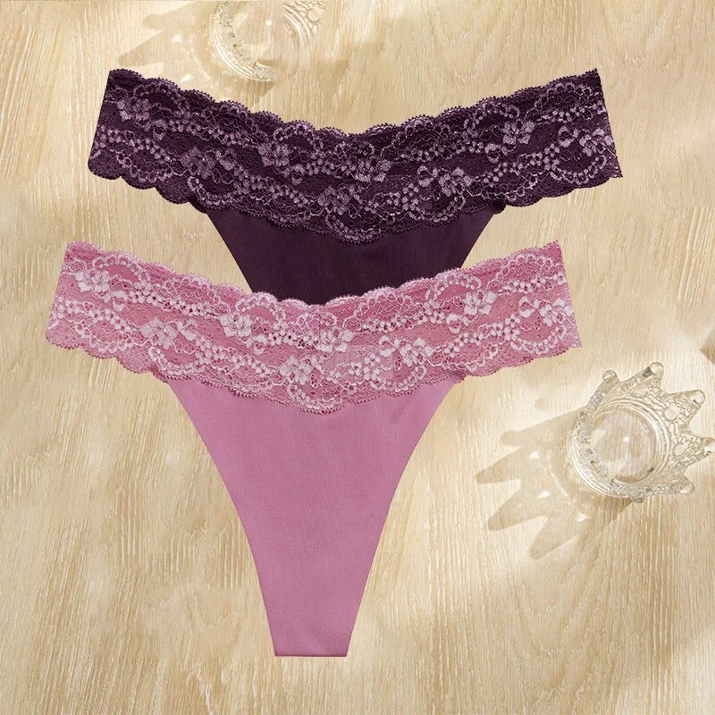 FINETOO 2PCS/Set Gstring Seamless Women Lace Pantys Girls Thongs S-L Fashion Sexy Underwear For Woman Lingerie Floral Panties