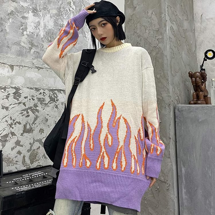 Chic Colorblock Knit Flame Print Sweater - Modakawa modakawa
