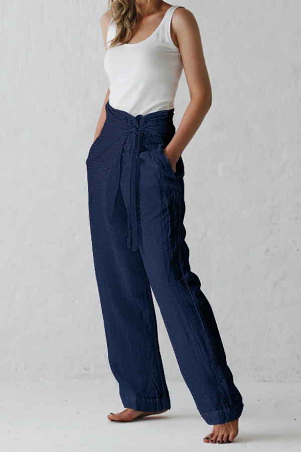 Cotton and Linen Solid Color High Waist Trousers