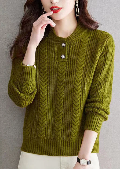 Simple Green O Neck Button Warm Cotton Knit Sweaters Spring