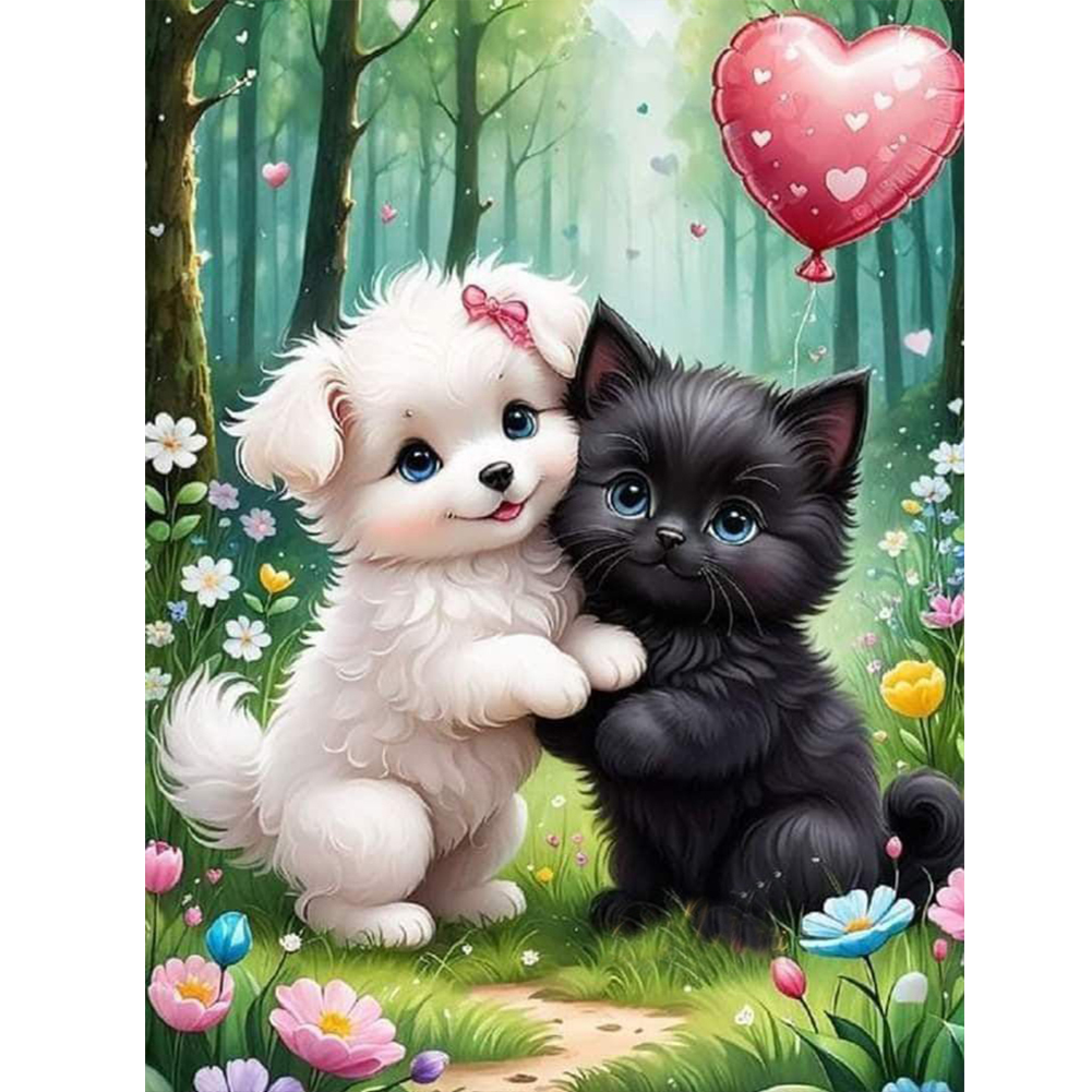 White Dog And Black Cat 30*40cm(canvas) full round drill diamond painting