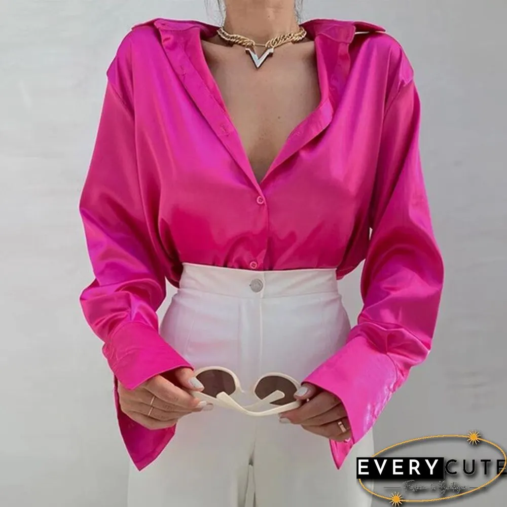 Women Elegant Satin Solid Long Sleeve Blouses Female Spring Vintage Loose Straight Buttons