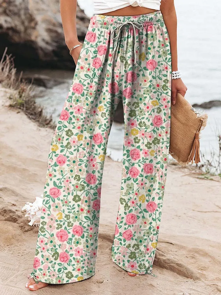 Women's Lovely Floral Art Printed Cotton And Linen Casual Pants
