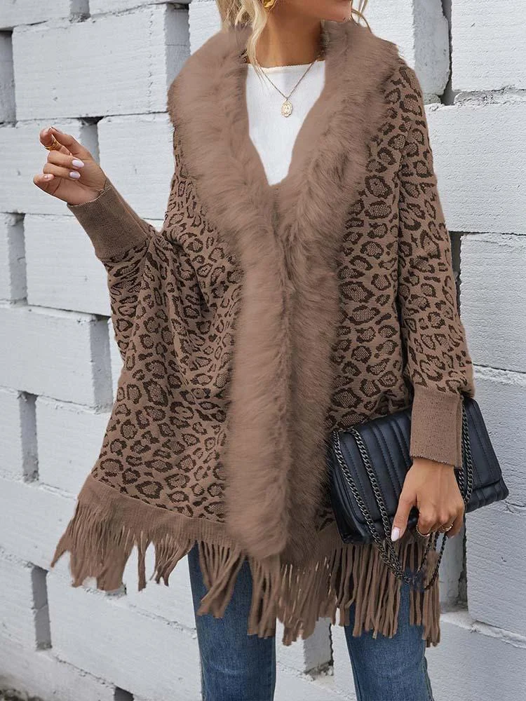 Women's Leopard Print Fur Collar Cardigan Knitted Tassel Shawl