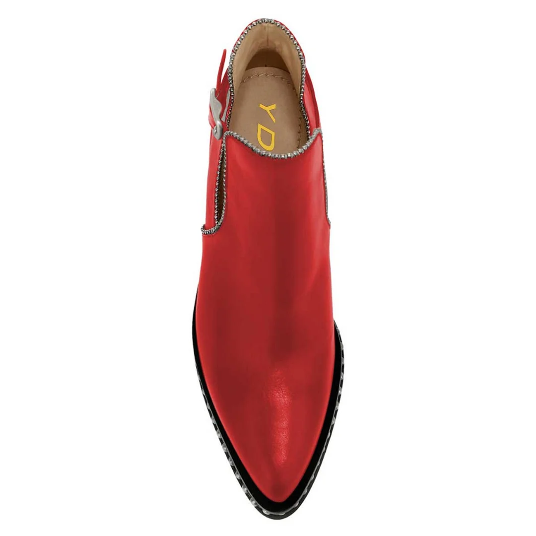 Red Pointed Toe Buckle Strap Silver Bead Trim Chunky Heel Boots