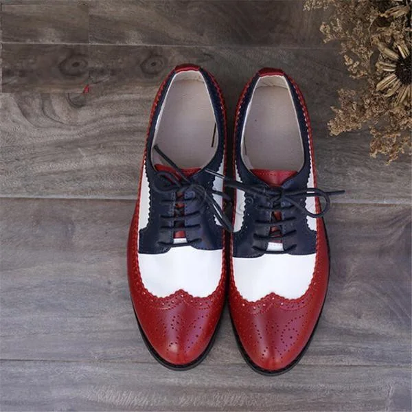Red Vintage   Brogues Lace-up Flats Oxfords Shoes Vdcoo