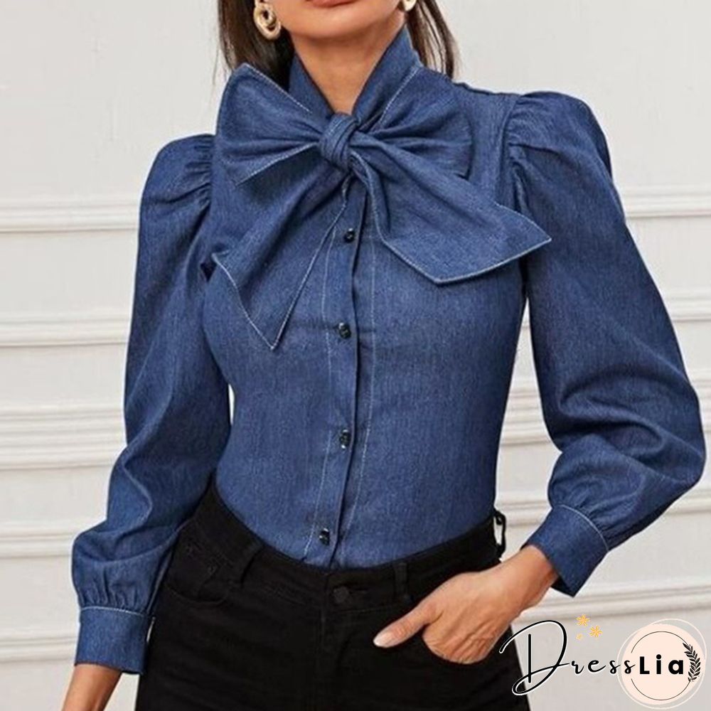 Women Long Sleeve Shirt Elegant Blouse Tunic Bow Tie Denim T-Shirts Plus Size