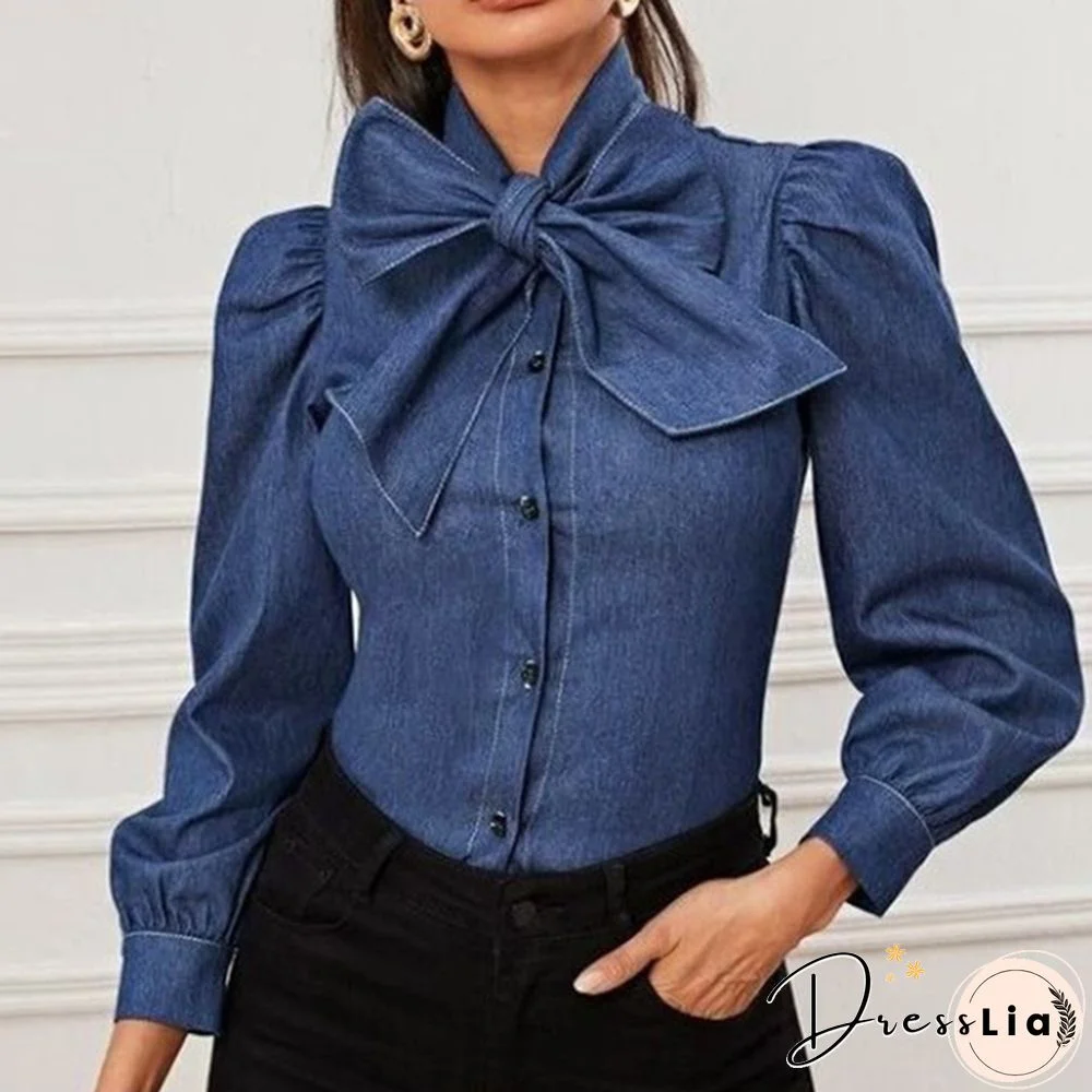 Women Long Sleeve Shirt Elegant Blouse Tunic Bow Tie Denim T-Shirts Plus Size