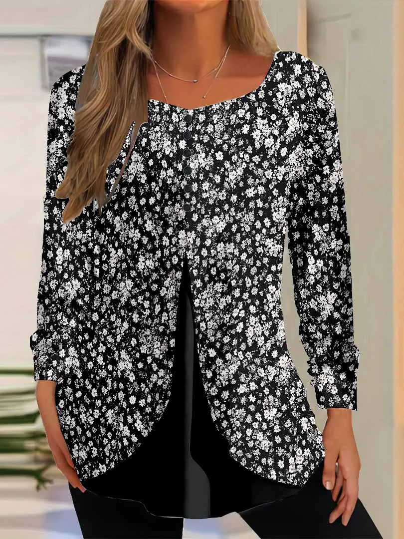 Women Floral,Black DZGG8117 Long Sleeve Scoop Neck Printed Graphic Button Fake 2in1 Tops