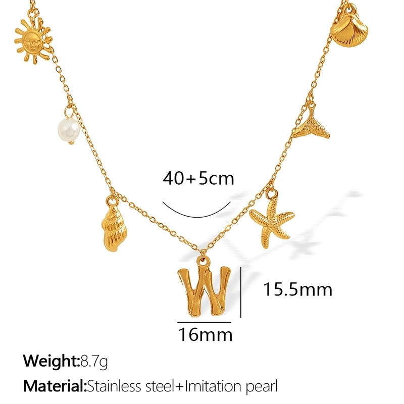 Beach Starfish 304 Stainless Steel Artificial Pearls 18K Gold Plated Polishing Inlay Pendant Necklace