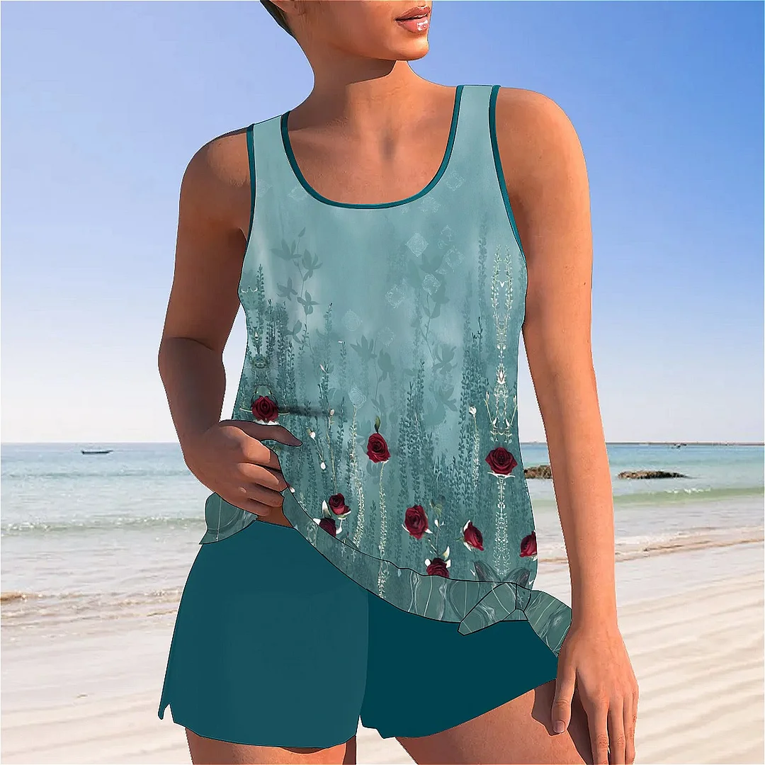 Bowknot Floral,Green,White Mid Waisted Tankini Set - Plus Size Available