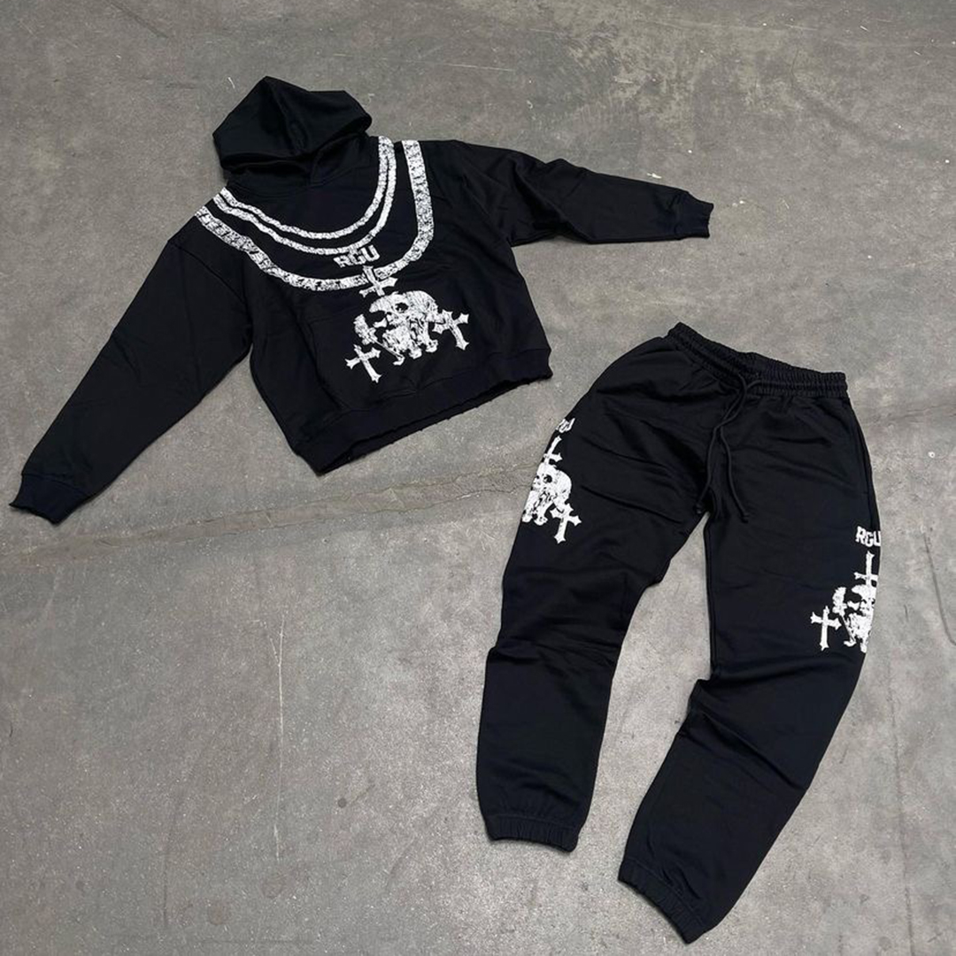Personalized Hip Hop Necklace Skull Cross Print Fleece-Lined Tracksuit Two Piece Set