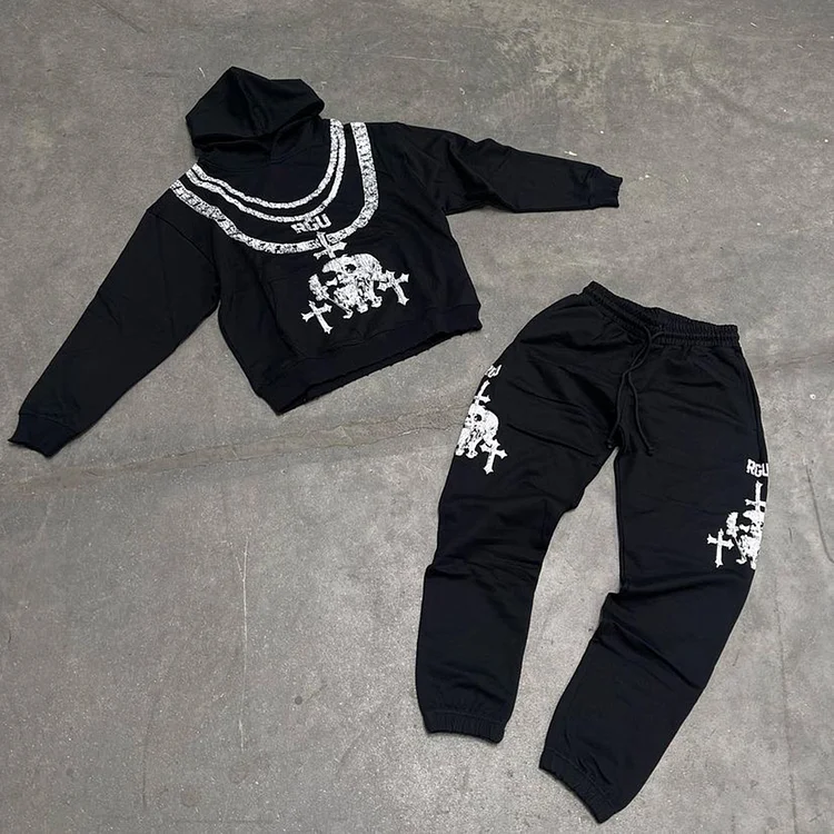 Personalized Hip Hop Necklace Skull Cross Print Fleece-Lined Tracksuit Two Piece Set