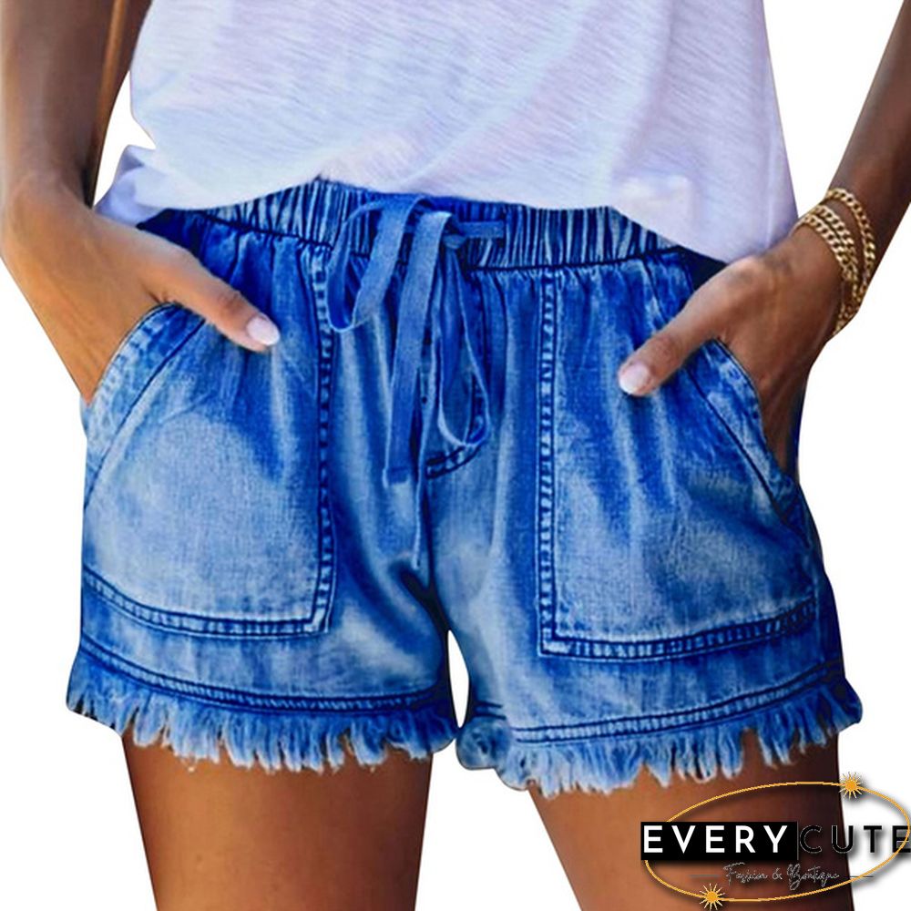 Ladies Elastic Waist Casual High Waist Slim Thin Denim Shorts Hot Pants