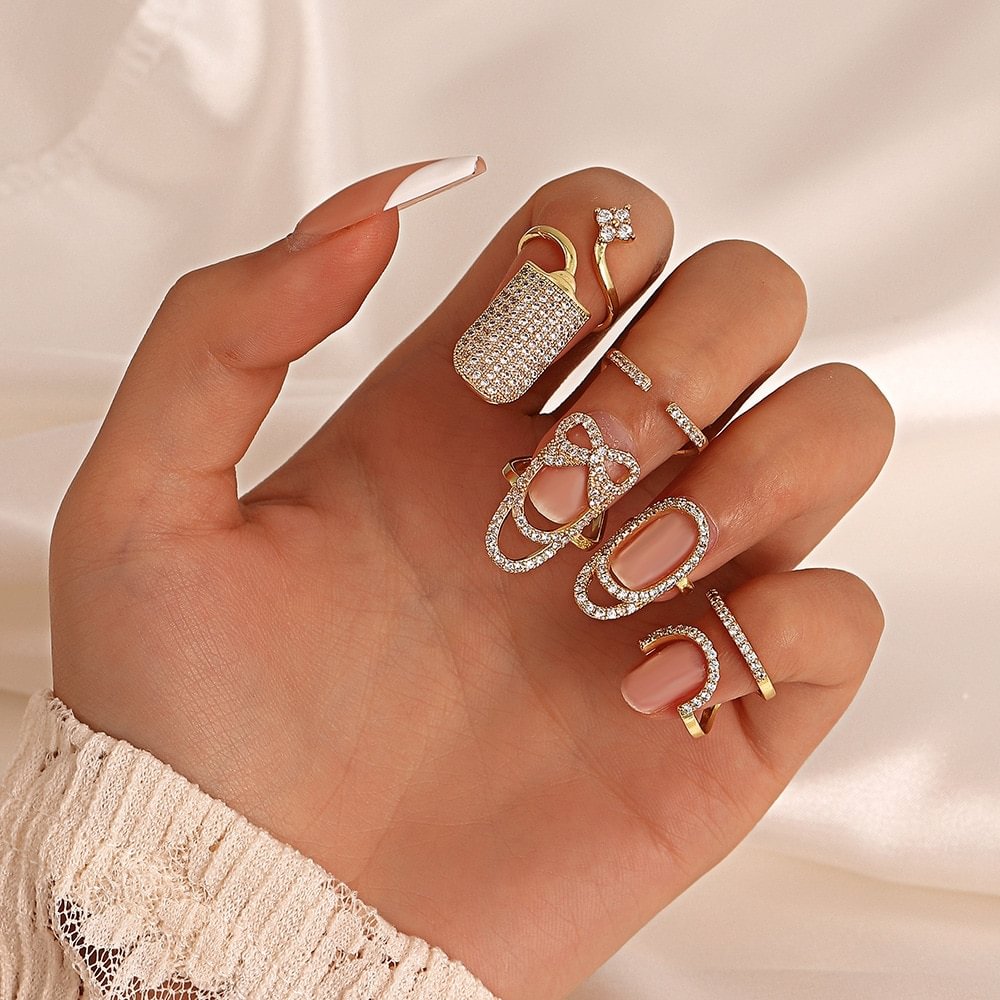6PCS Iced Out Bling Nail Ring for Women Trend Party Jewelry-VESSFUL