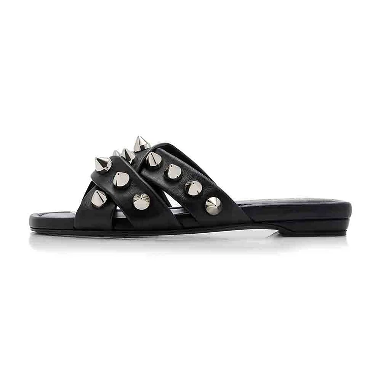 Black Open Toe Strappy Flats with Rivet Embellishment Slides Vdcoo