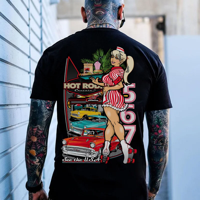 HOT ROD Highway Restaurant Sexy Lady Classic Car Print Men's T-shirt