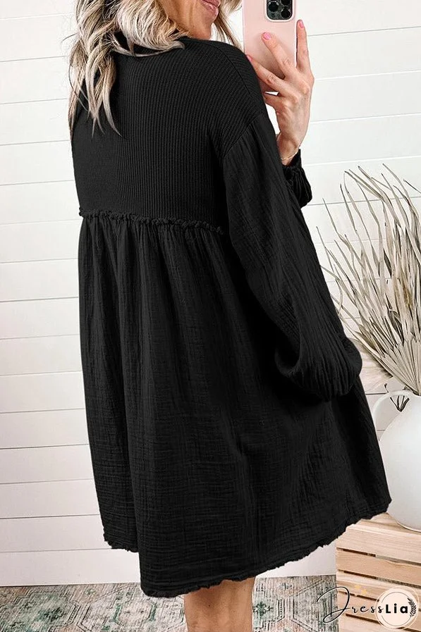 Patchwork Crinkled Puff Sleeve Raw Hem Dress