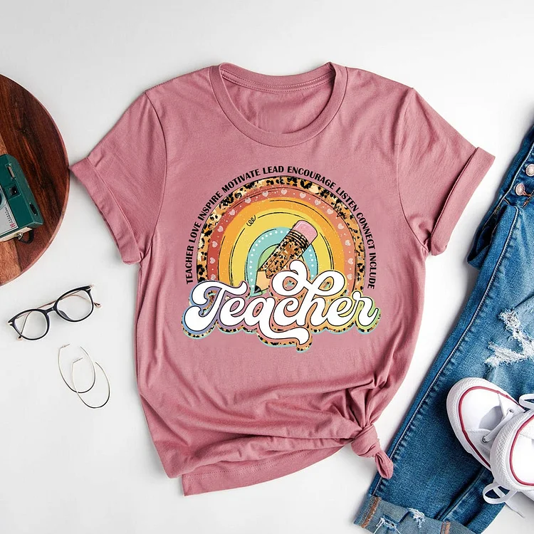 Leopard Rainbow Teacher T-shirt Tee-06692