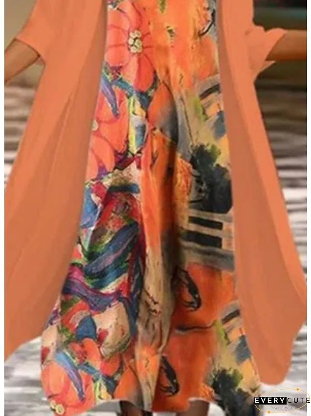 Women's Dress - Dress Set Two Piece Dress Church Dress Midi Dress Orange 3/4 Length Sleeve Floral Print Summer Spring Crew Neck Fashion S M L XL XXL 3XL
