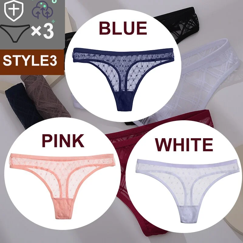 FINETOO 3PCS/Set Sexy Floral Transparent Women Thongs G-string Lingerie Lace Panties Low-Waist Femme Girls Briefs Mesh Pantys