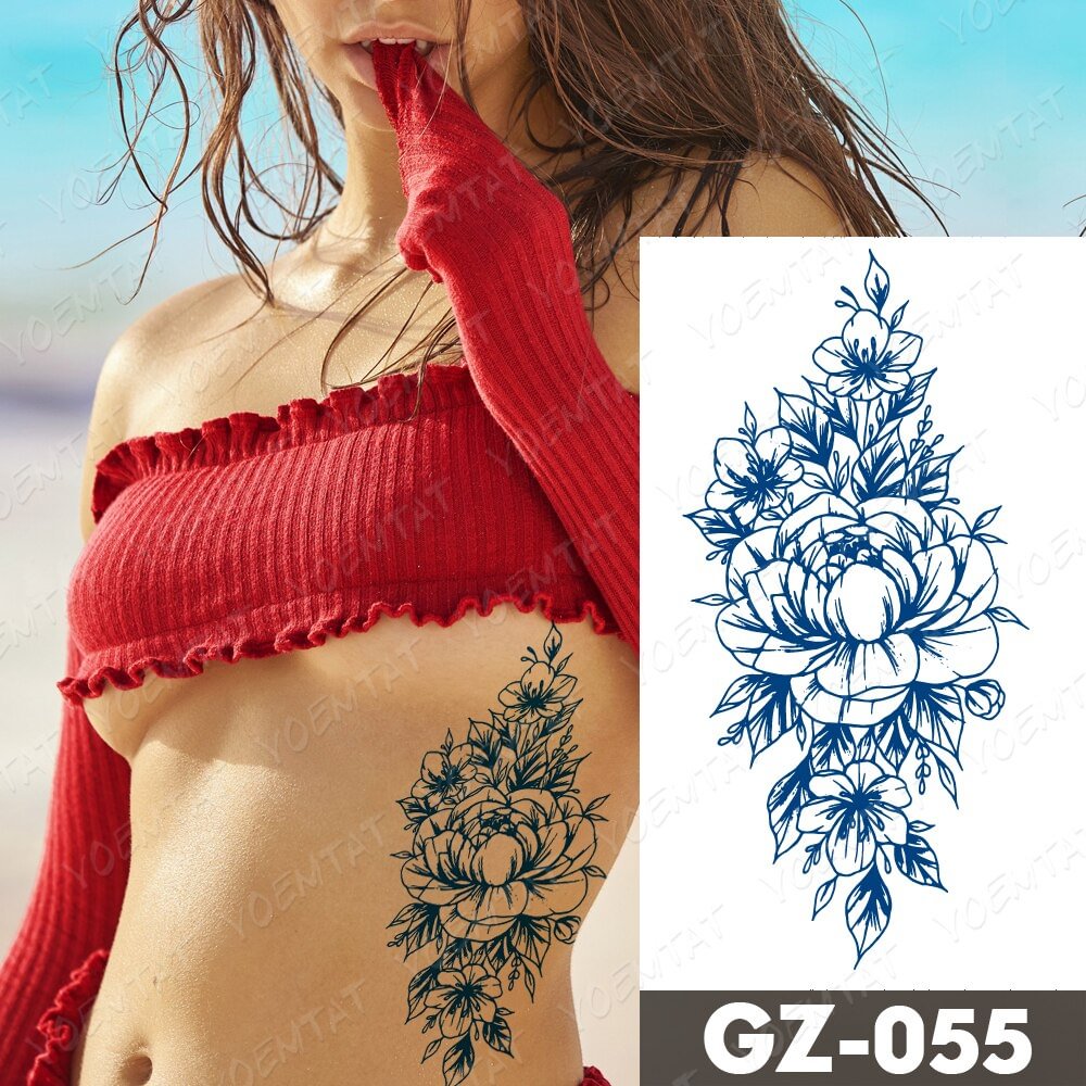 Gingf Lasting Waterproof Temporary Tattoo Stickers Chrysanthemum Rose Peony Flower Flash Tattoos Woman Ink Body Art Fake Tatto