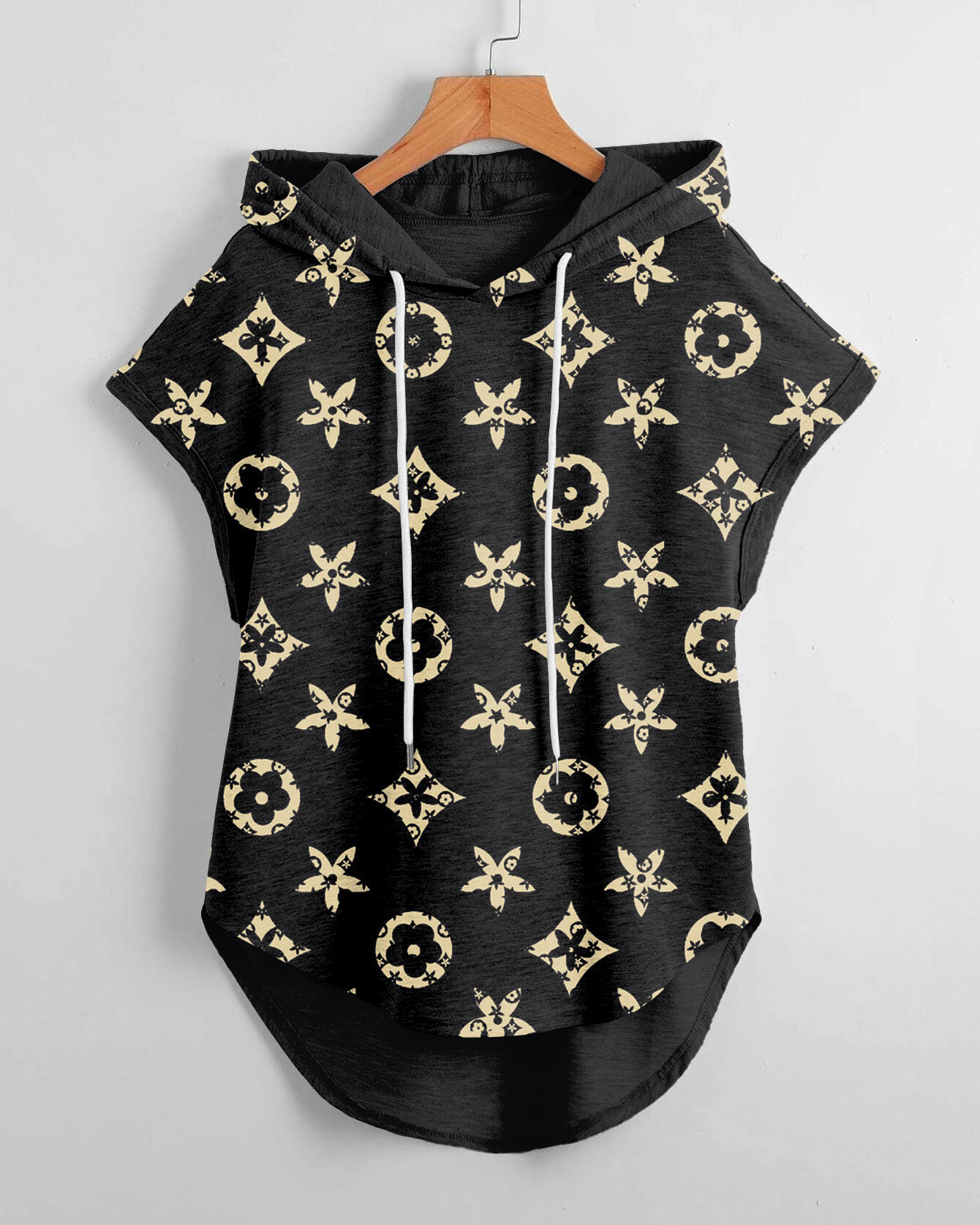 Golden Flowers Print Drawstring Hooded Tee