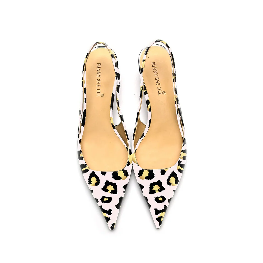 White Leopard Print Patent Leather Pointed Toe Elegant Kitten Heel Slingback Dress Pump Shoes
