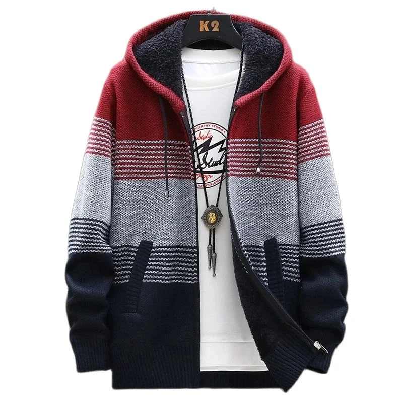 Huiketi Men Sweaters Coats Winter Fleece Knitted Sweater Jacket Mens Striped Sweater Coat Warm Zipper Wool Hooded Cardigan Men