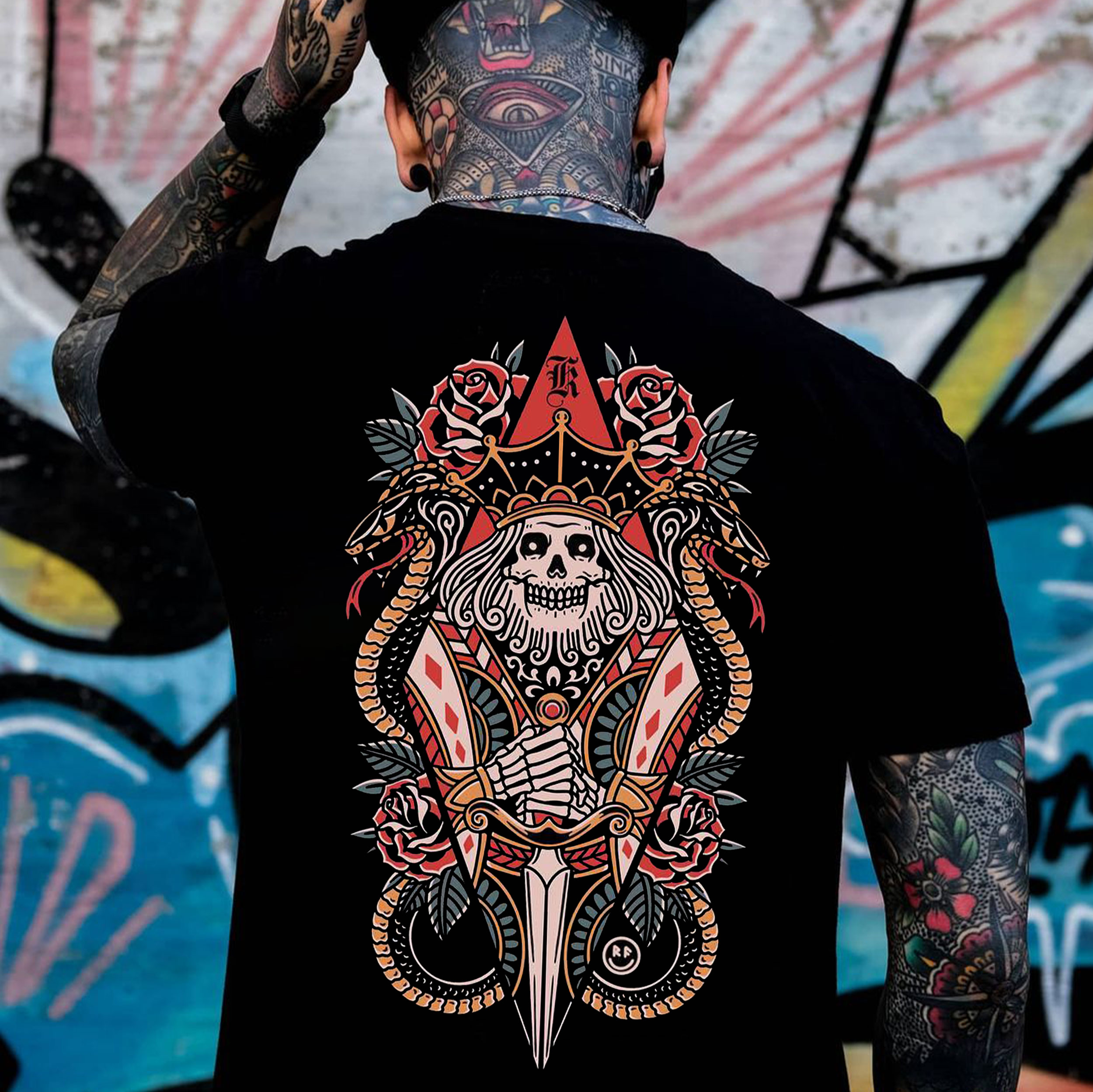 Skull King with Roses Gothic Style Black Print T-Shirt