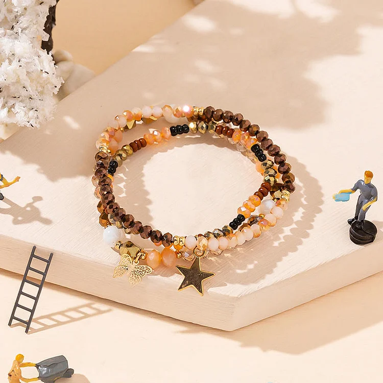 Olivenorma Crystal Beaded Gold Star Pendant Triple Layer Bracelet Set
