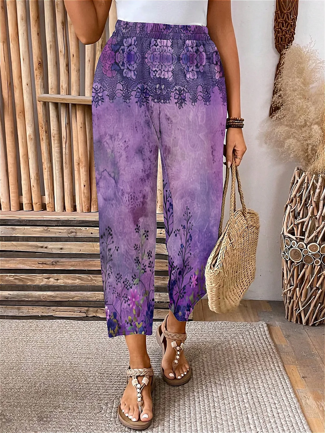 Plus Size Elastic Waist Purple,Floral,Bohemian Printed Pants