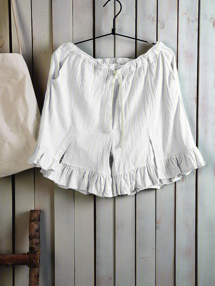 Women Folds Lace Up Elastic Waistband Shorts Stripe Linen Bloomers