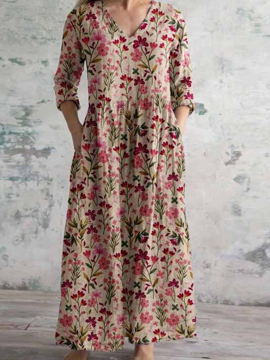 Women's 3/4 Sleeve V-neck Floral Printed Midi Dress