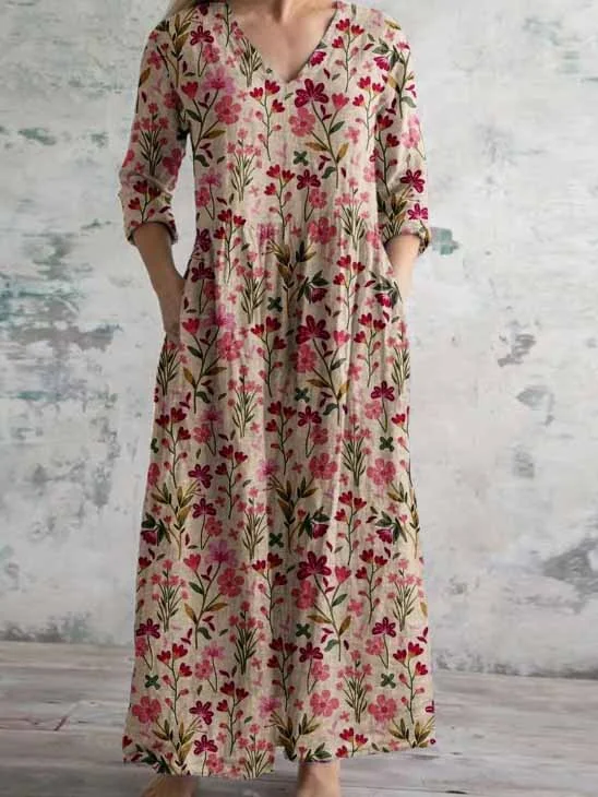 Women's 3/4 Sleeve V-neck Floral Printed Midi Dress