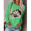 Women&lsquo;s Round Neck Pullover Cat Printed Long Sleeve T-shirt
