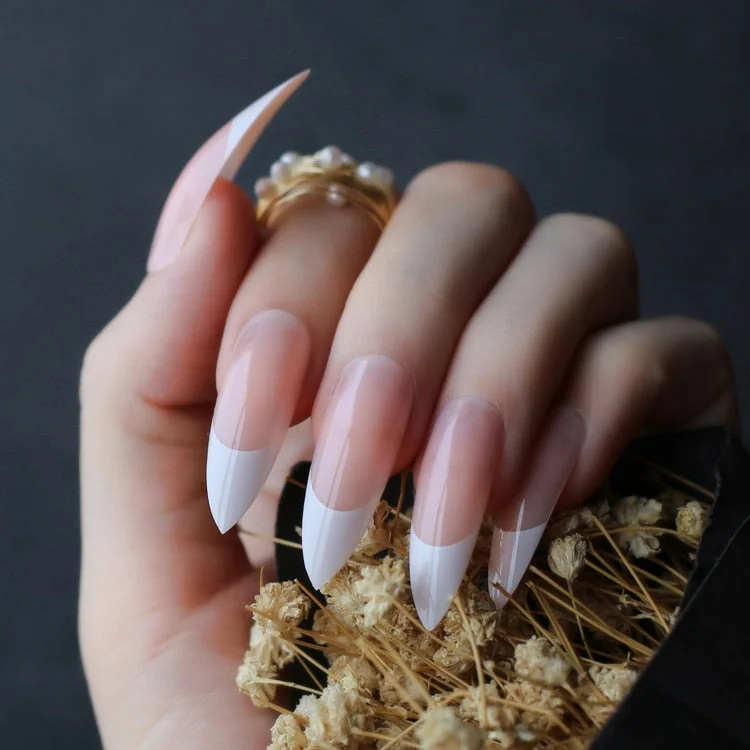 Long stiletto nails white tip nude french fasle nails sheer white pink almond fake nail 24pcs-Nail Inspo