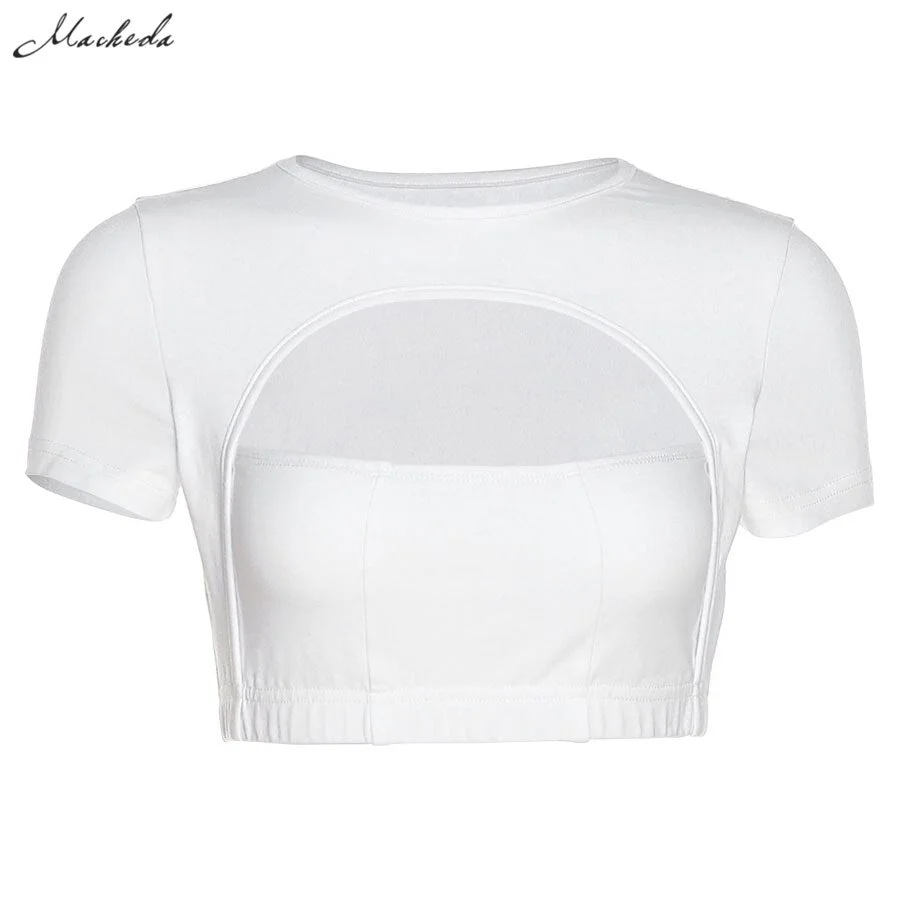 Macheda Summer Sexy Hollow Out T Shirt Women Fashion Short Sleeve O Neck Clothing Lady Street Solid Casual Short Top 2021 New