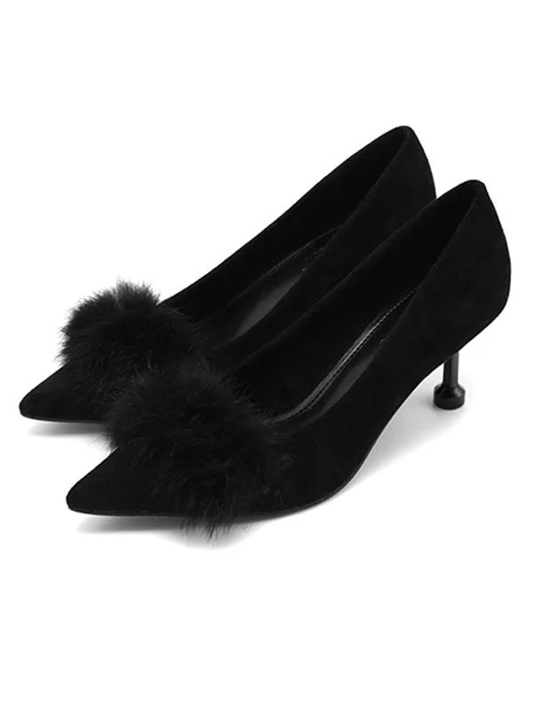 Fashionable rabbit fur suede stiletto heel sexy pointed kitten high heels