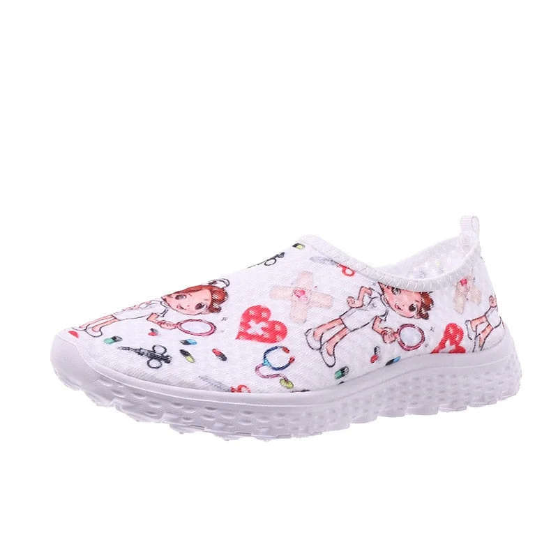 Comemore Cute Cartoon Nurse Women Slip On Sneakers Dentist Mesh Ladies Shoes Light Casual Summer Moccasin Autumn Loafers White